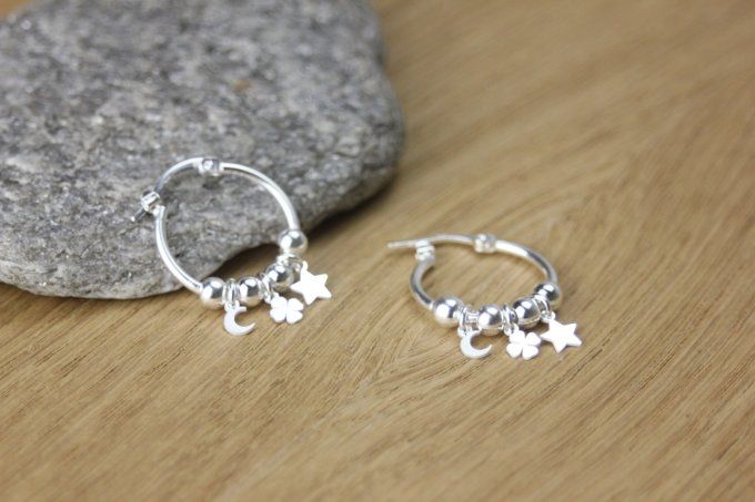 Boucles d'oreilles créoles argent massif pendentif étoile, trèfle et lune