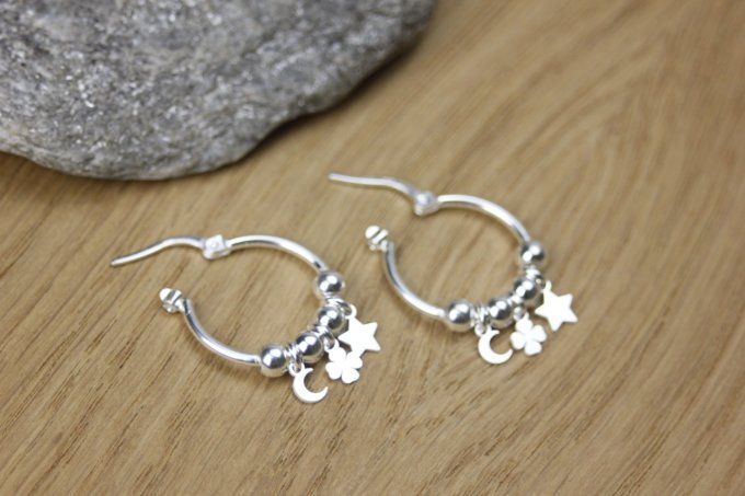 Boucles d'oreilles créoles argent massif pendentif étoile, trèfle et lune