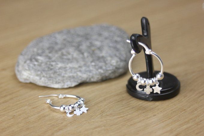 Boucles d'oreilles créoles argent massif pendentif étoile, trèfle et lune