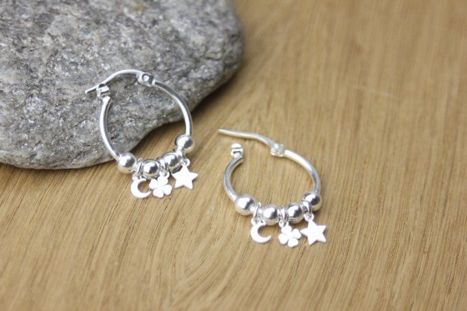 Boucles d'oreilles créoles argent massif pendentif étoile, trèfle et lune