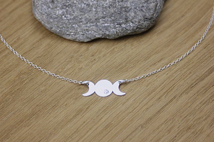 Collier en argent massif phases de la lune avec zircon