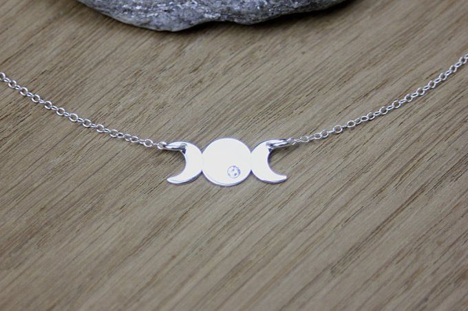 Collier en argent massif phases de la lune avec zircon