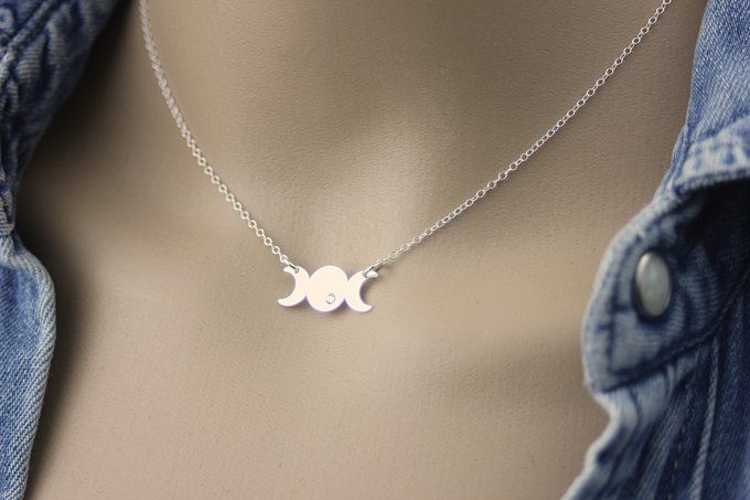 Collier en argent massif phases de la lune avec zircon