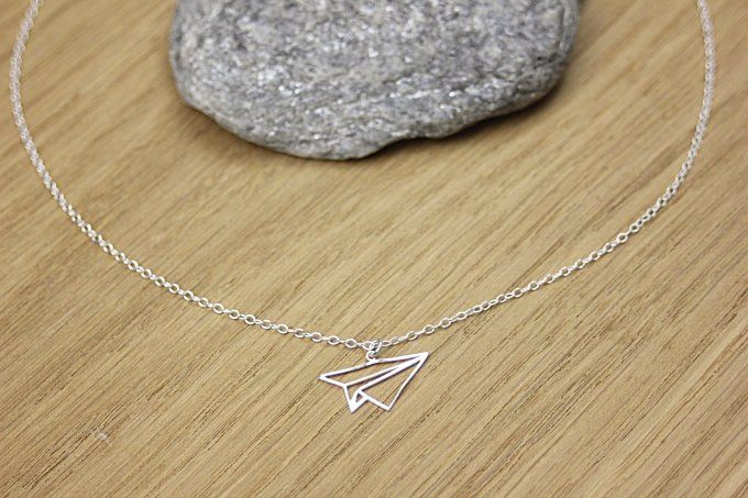 Collier argent massif pendentif avion origami