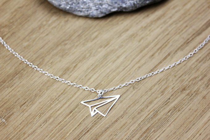 Collier argent massif pendentif avion origami