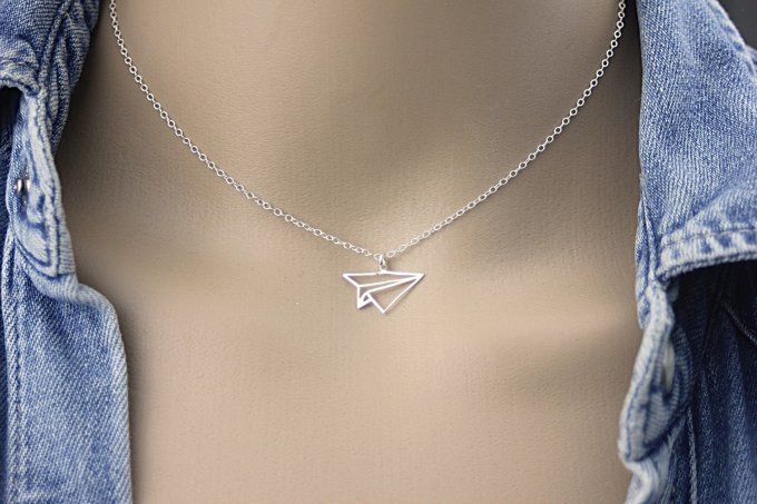 Collier argent massif pendentif avion origami