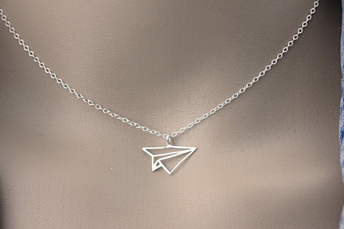 Collier argent massif pendentif avion origami