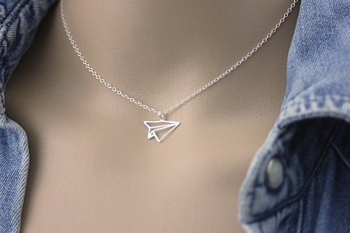 Collier argent massif pendentif avion origami