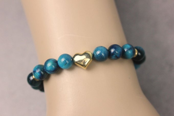 Bracelet femme en pierres naturelles oeil de tigre bleu et coeur en acier doré