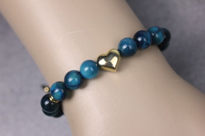 Bracelet femme en pierres naturelles oeil de tigre bleu et coeur en acier doré