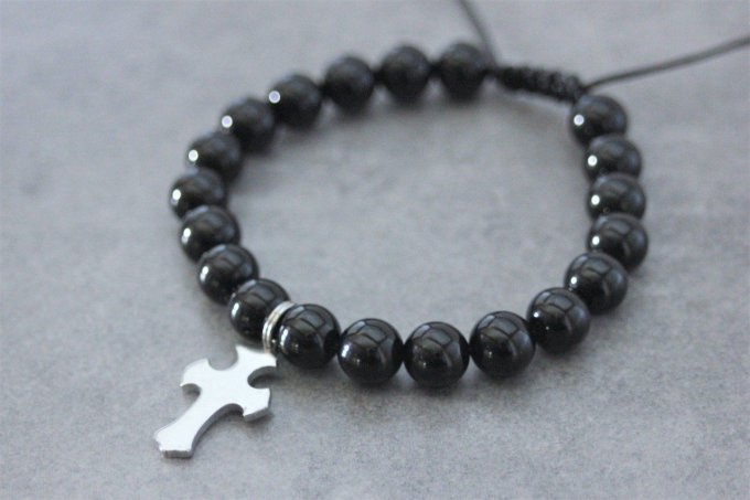 Ensemble de 2 bracelets onyx noir, jaspe peau d'éléphant et acier