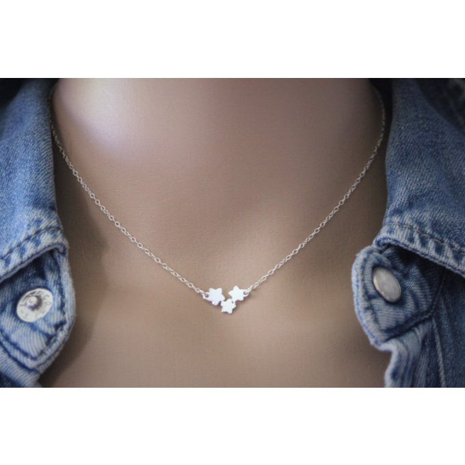 Collier ras du cou en argent massif 3 petites étoiles