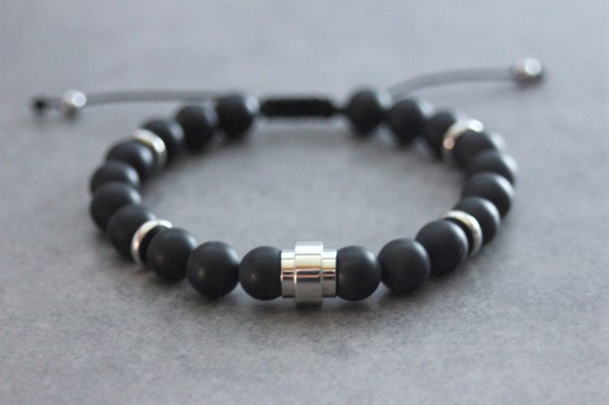 Bracelet en perles onyx mat et perle tube acier inoxydable