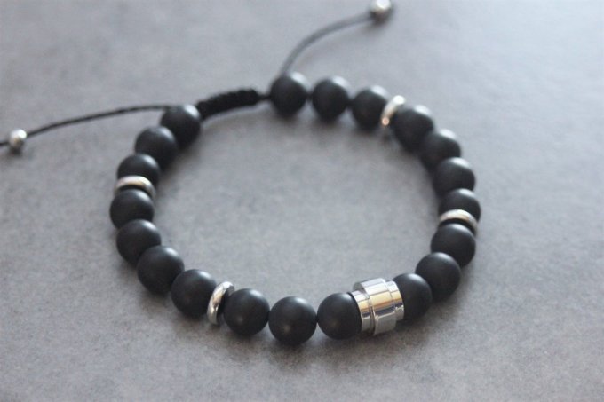 Bracelet en perles onyx mat et perle tube acier inoxydable