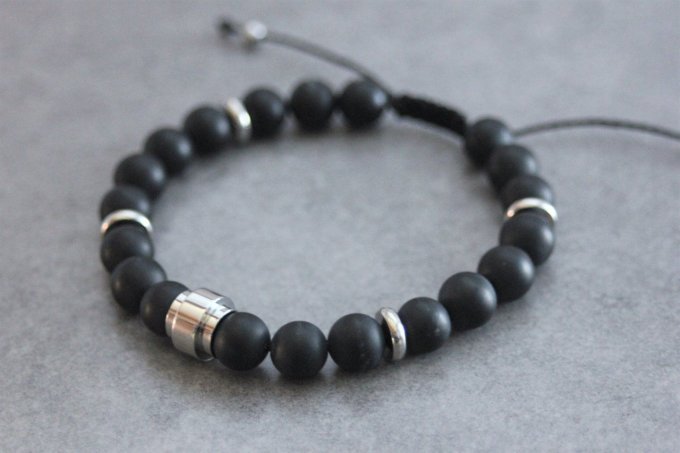 Bracelet en perles onyx mat et perle tube acier inoxydable