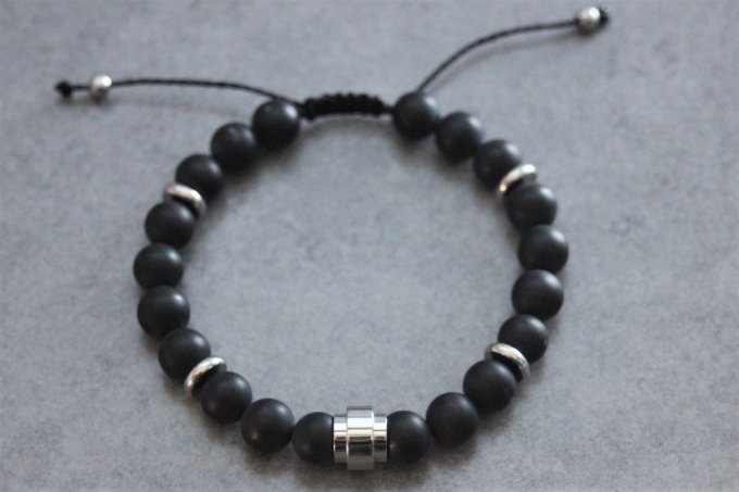 Bracelet en perles onyx mat et perle tube acier inoxydable