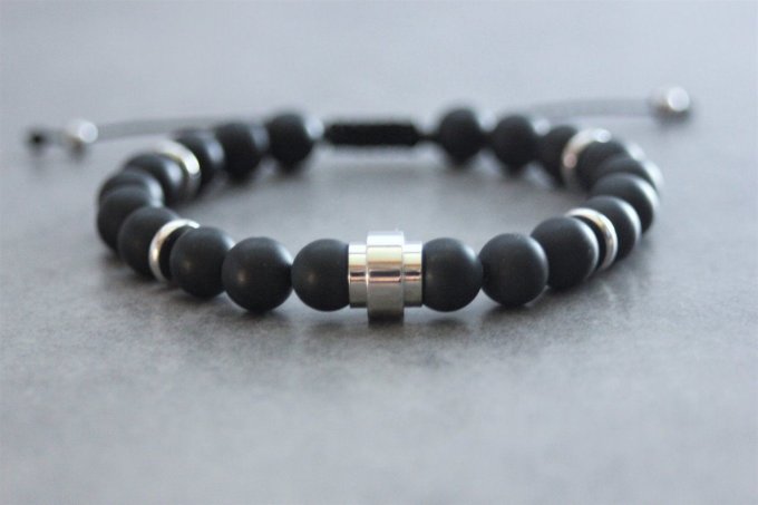 Bracelet en perles onyx mat et perle tube acier inoxydable