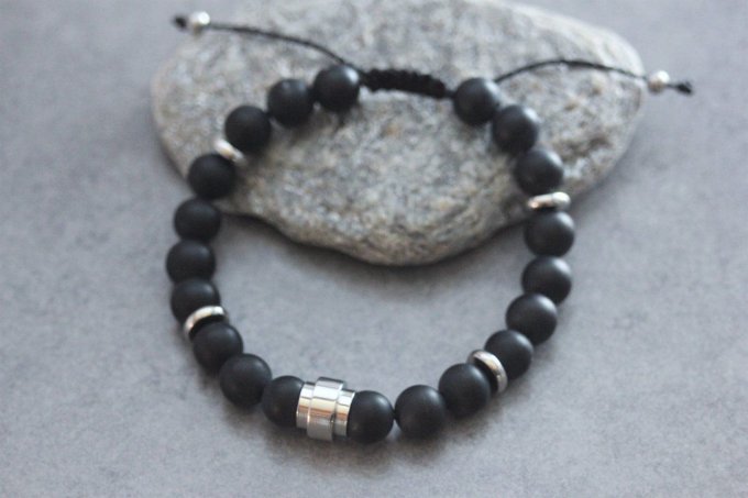 Bracelet en perles onyx mat et perle tube acier inoxydable