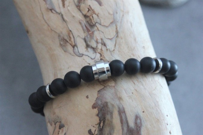 Bracelet en perles onyx mat et perle tube acier inoxydable