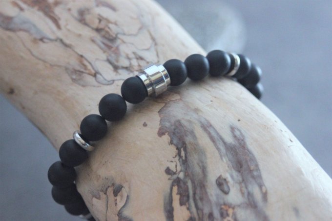 Bracelet en perles onyx mat et perle tube acier inoxydable