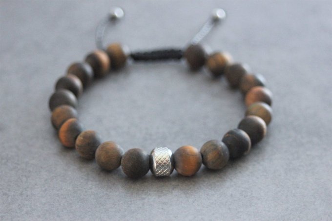 Bracelet perles oeil de tigre mat et acier inoxydable