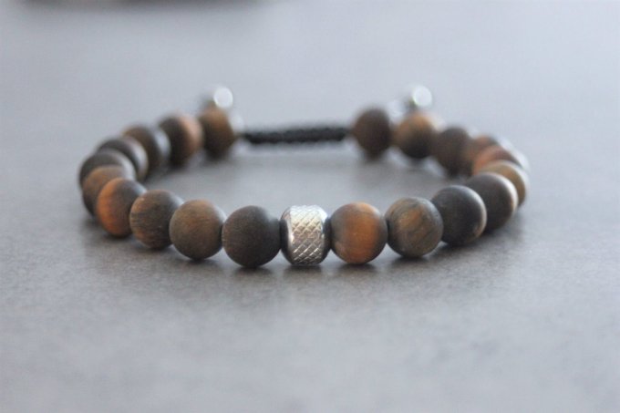 Bracelet perles oeil de tigre mat et acier inoxydable