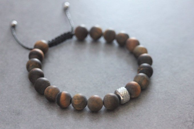 Bracelet perles oeil de tigre mat et acier inoxydable