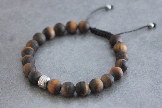 Bracelet perles oeil de tigre mat et acier inoxydable