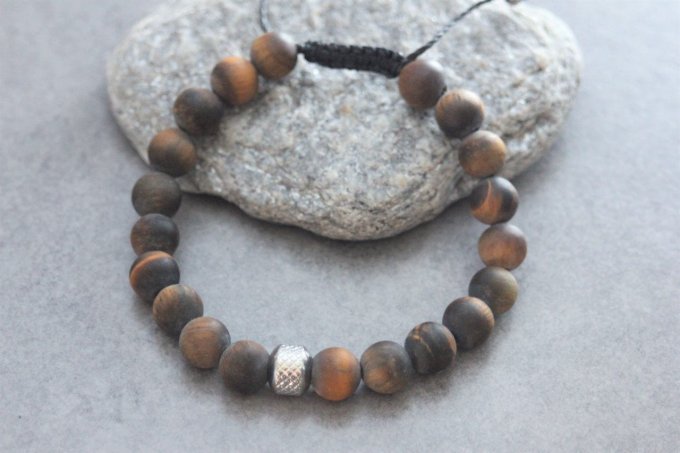 Bracelet perles oeil de tigre mat et acier inoxydable
