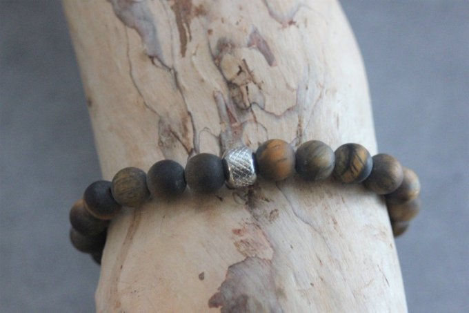 Bracelet perles oeil de tigre mat et acier inoxydable