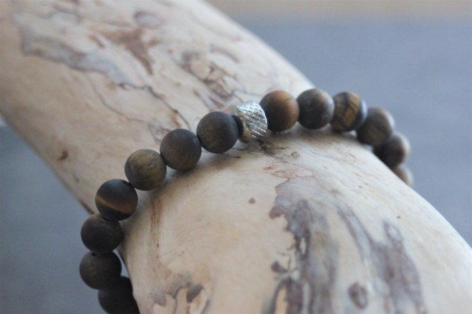 Bracelet perles oeil de tigre mat et acier inoxydable