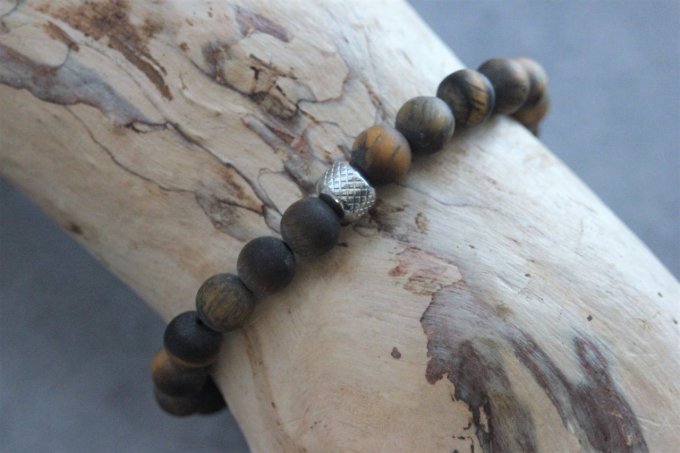 Bracelet perles oeil de tigre mat et acier inoxydable