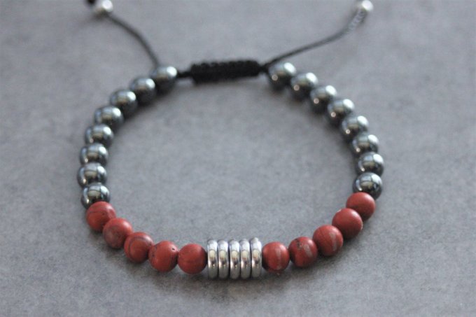 Bracelet perles jaspe rouge mat, hématite et acier inoxydable