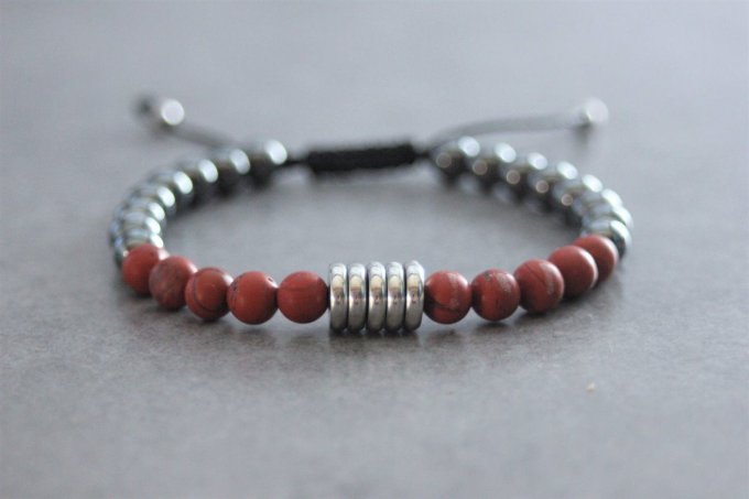 Bracelet perles jaspe rouge mat, hématite et acier inoxydable
