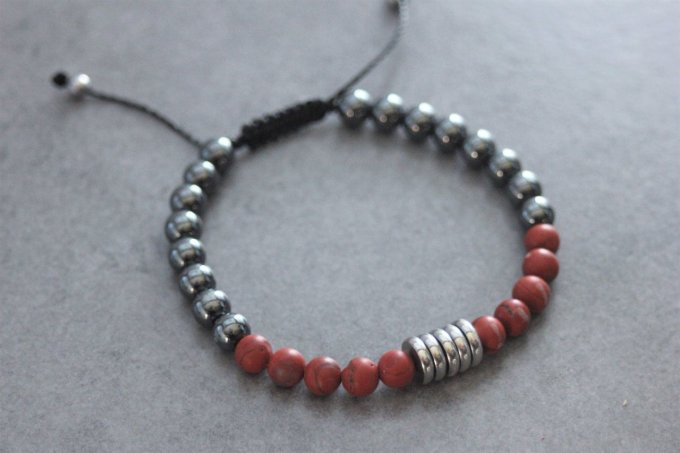 Bracelet perles jaspe rouge mat, hématite et acier inoxydable