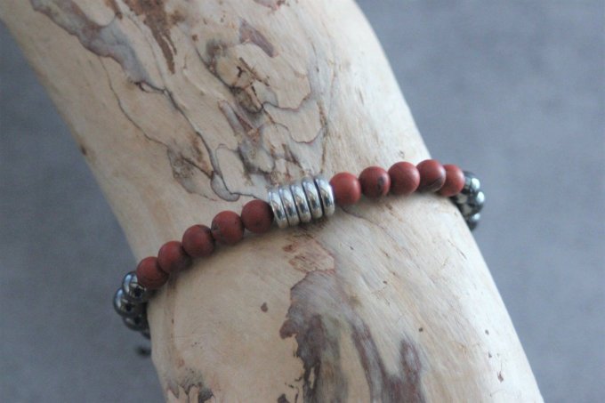 Bracelet perles jaspe rouge mat, hématite et acier inoxydable