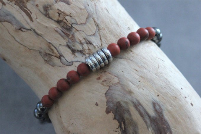 Bracelet perles jaspe rouge mat, hématite et acier inoxydable