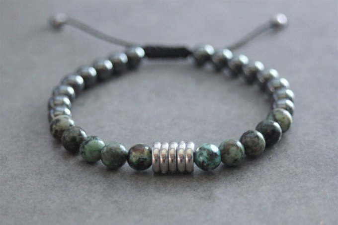 Bracelet perles turquoise africaine, hématite et acier inoxydable