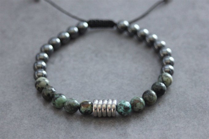 Bracelet perles turquoise africaine, hématite et acier inoxydable