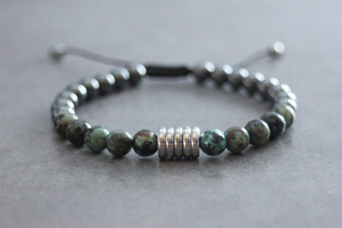 Bracelet perles turquoise africaine, hématite et acier inoxydable