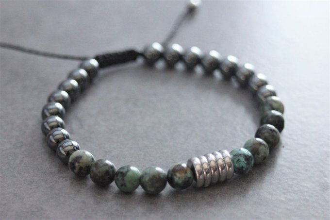 Bracelet perles turquoise africaine, hématite et acier inoxydable
