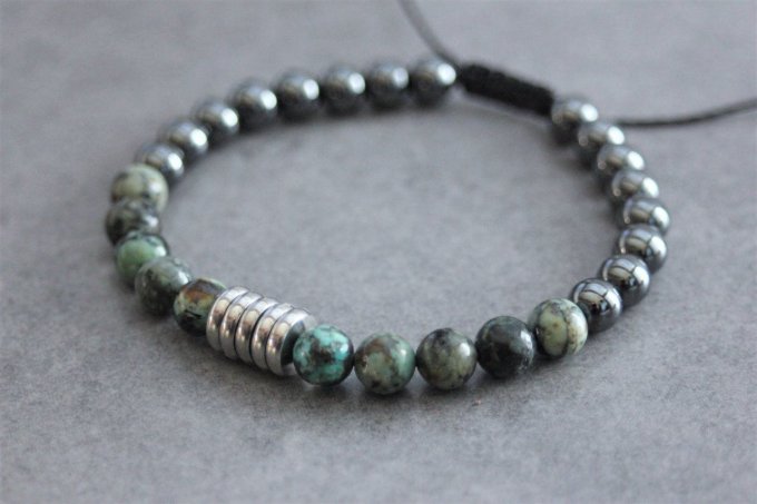Bracelet perles turquoise africaine, hématite et acier inoxydable