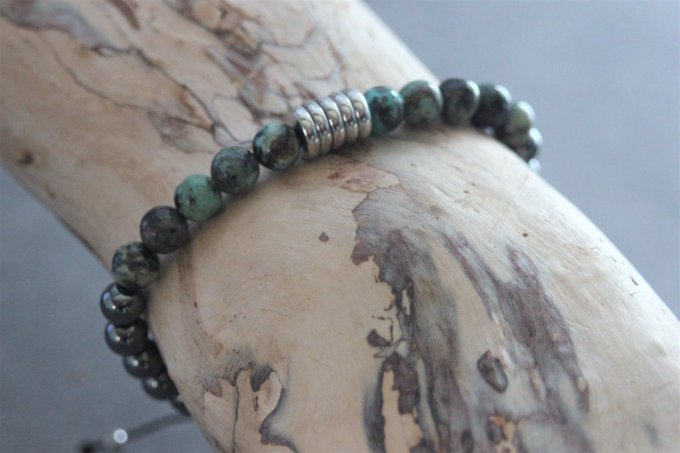 Bracelet perles turquoise africaine, hématite et acier inoxydable