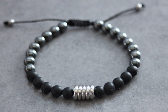 Bracelet perles onyx mat, hématite et acier inoxydable