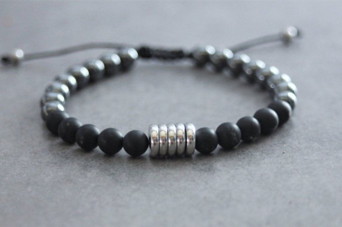 Bracelet perles onyx mat, hématite et acier inoxydable