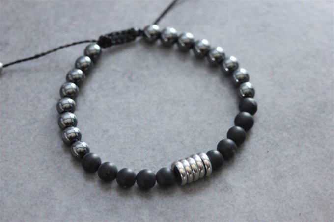 Bracelet perles onyx mat, hématite et acier inoxydable