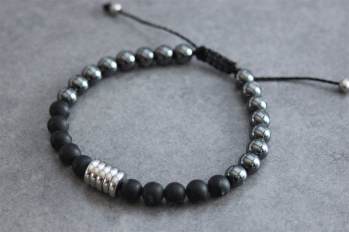 Bracelet perles onyx mat, hématite et acier inoxydable