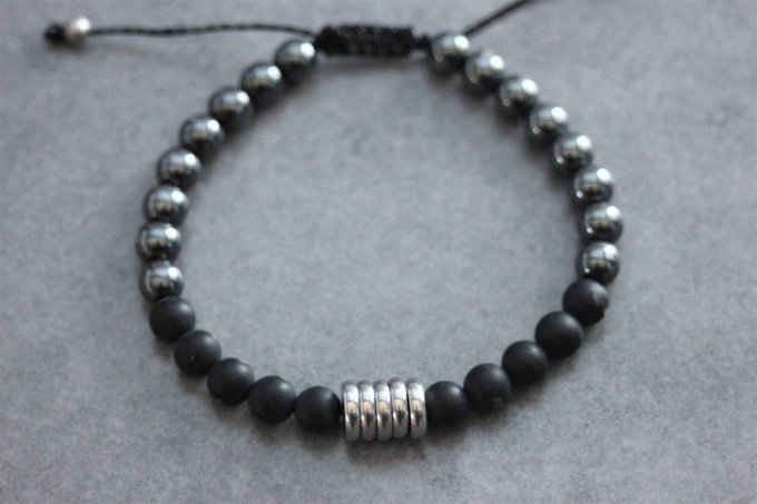 Bracelet perles onyx mat, hématite et acier inoxydable
