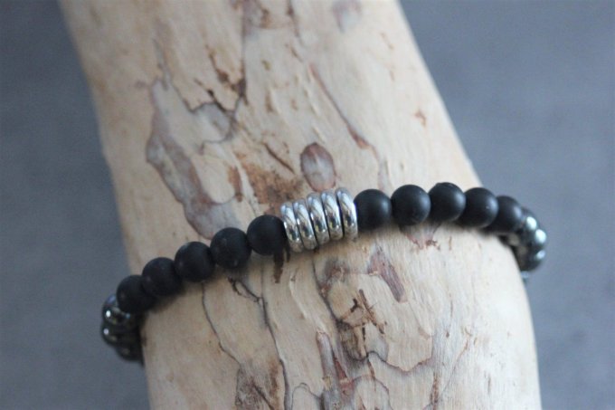 Bracelet perles onyx mat, hématite et acier inoxydable
