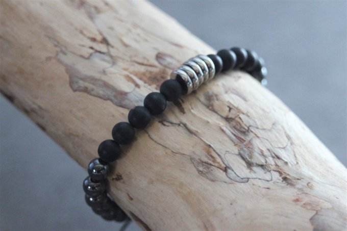 Bracelet perles onyx mat, hématite et acier inoxydable
